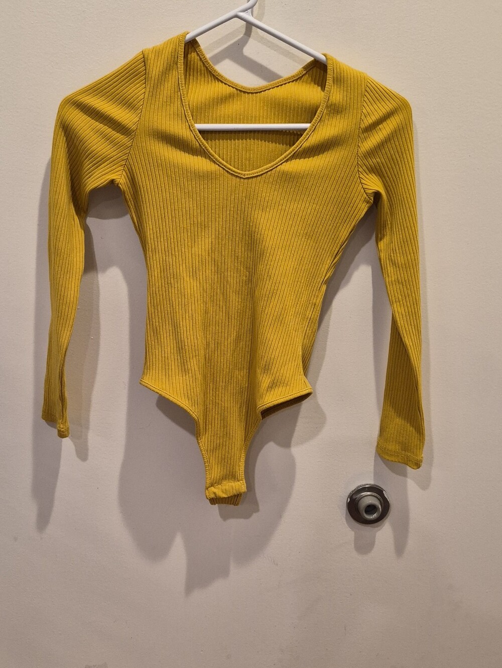 Ribbed Long-Sleeve V-Neck Bodysuit - Mustard Yellow